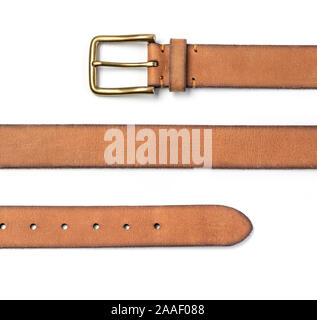 leather belt isolated on white background. Men`s belt. Leather belt with metallic clasp Stock Photo